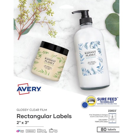 AVERY Label, Rectangle, Glossy Clr 80PK AVE22822